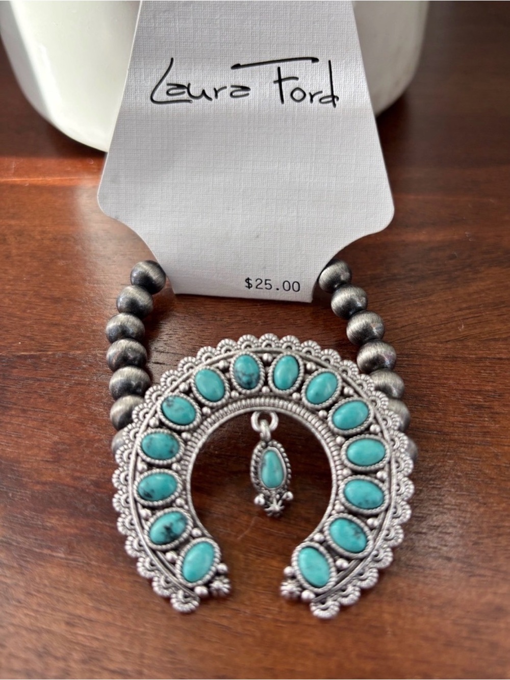 Laura Ford Crescent shape squash blossom turquoise stones,gunmetal beads stretch